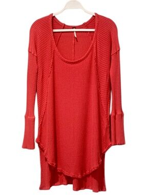 Free People Ventura Thermal Knit Top Long Sleeve Waffle Poppy Red Orange Large L